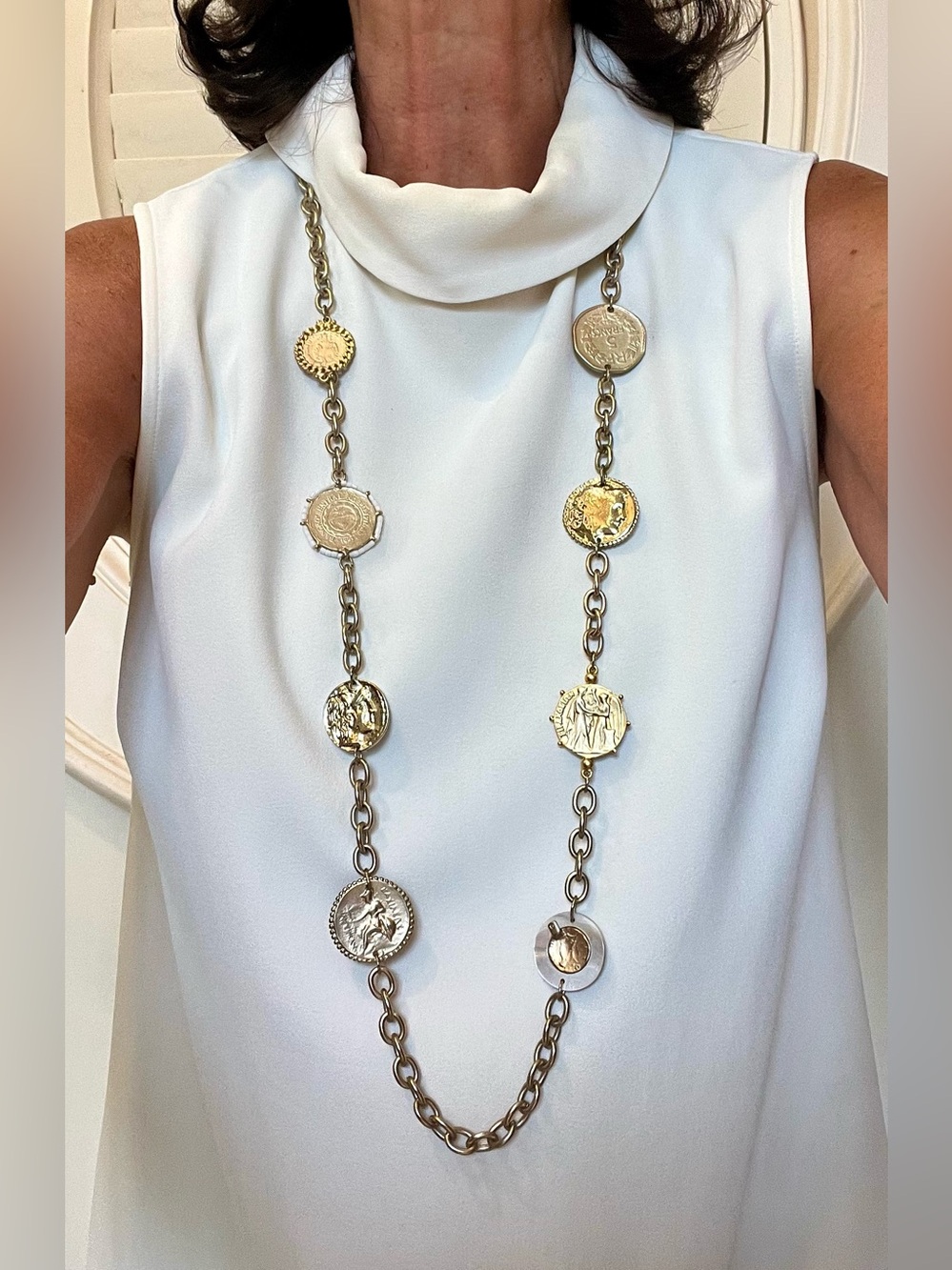 Long Gold-Tone Coin Medallion Necklace - Women Jewelry